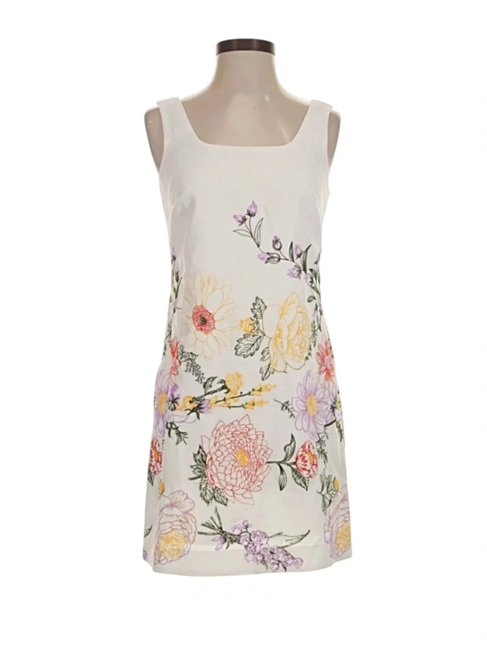 Tahari ASL NWT Floral Embroidered Square Neck Shift Mini Dress Ivory Cream 14 - Picture 1 of 14